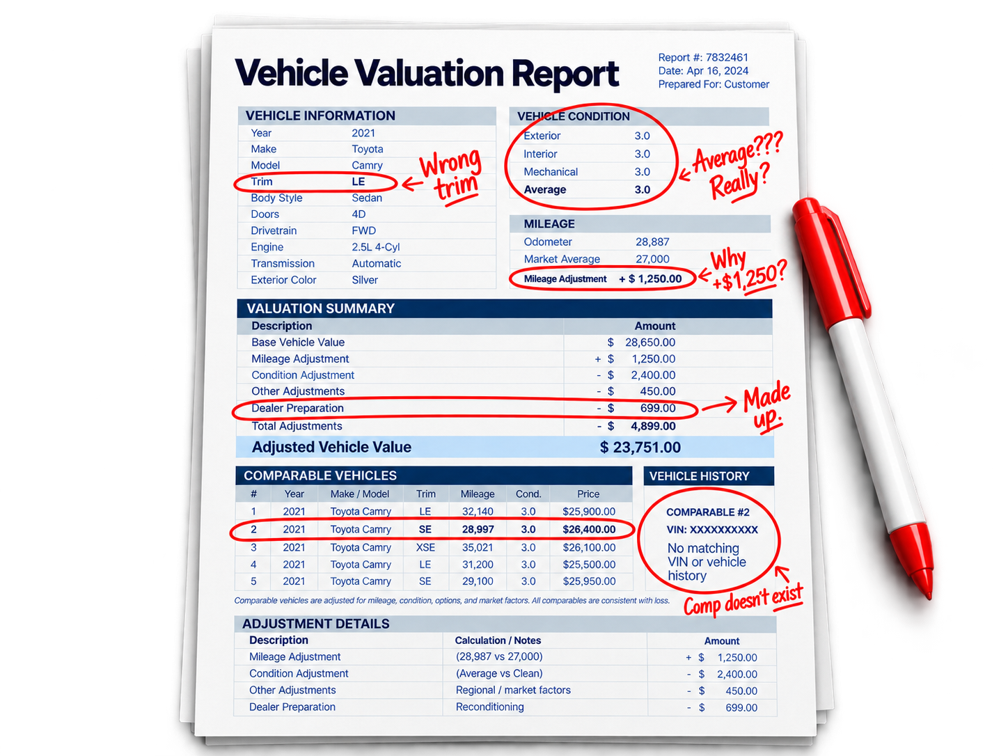 Marked-up insurance total loss valuation showing issues like wrong trim, questionable condition, strange adjustments, and missing VIN information.