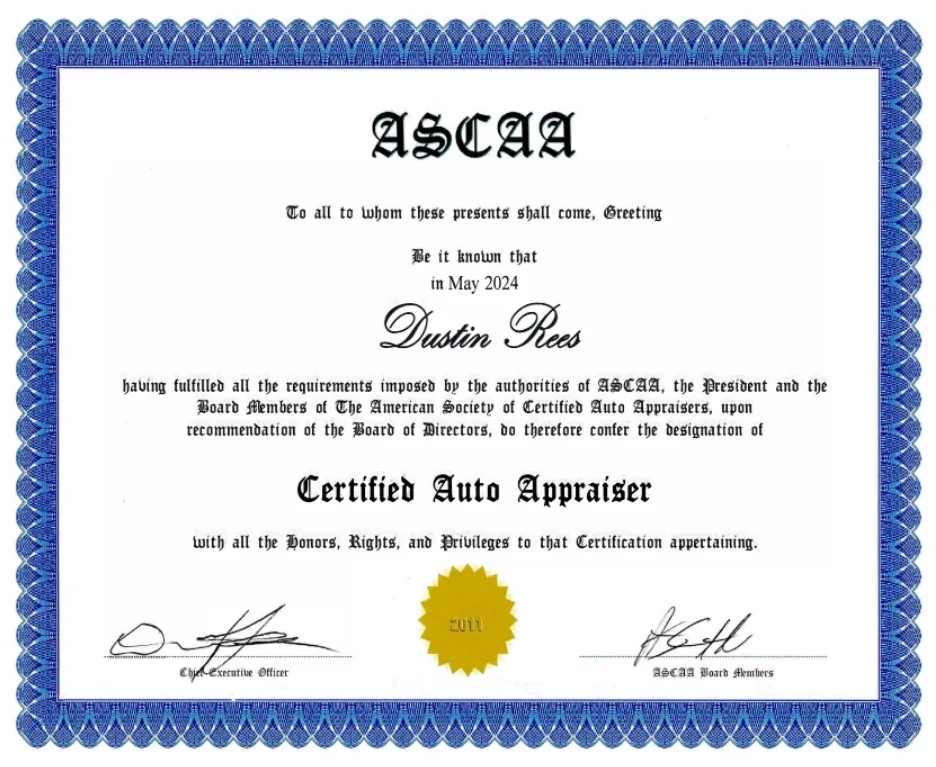ASCAA Certified Auto Appraiser certificate from the sample report