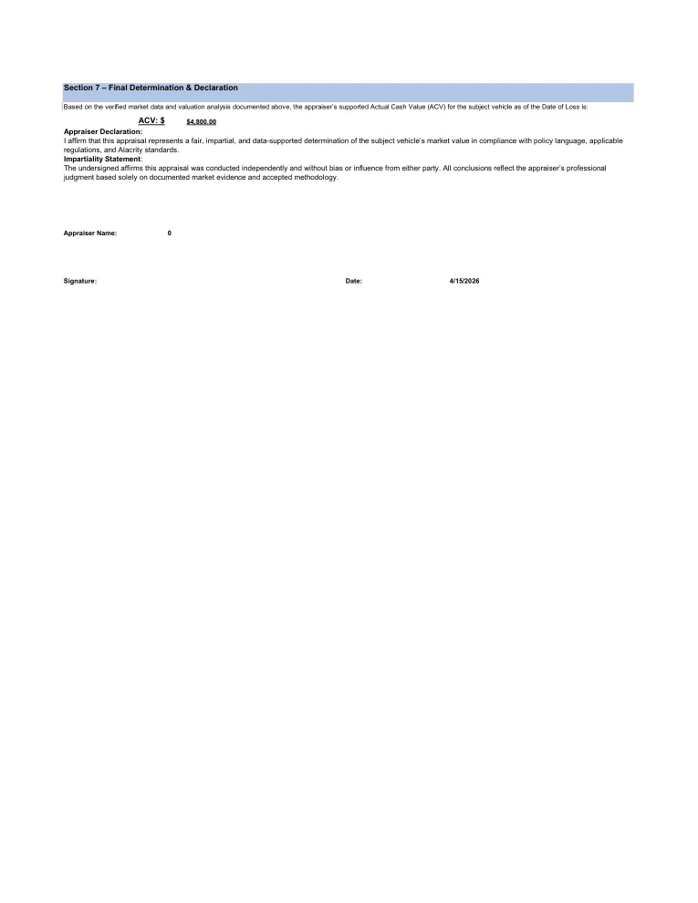 Opposing appraiser's second and final page, containing its conclusion and declaration with identifying signature redacted